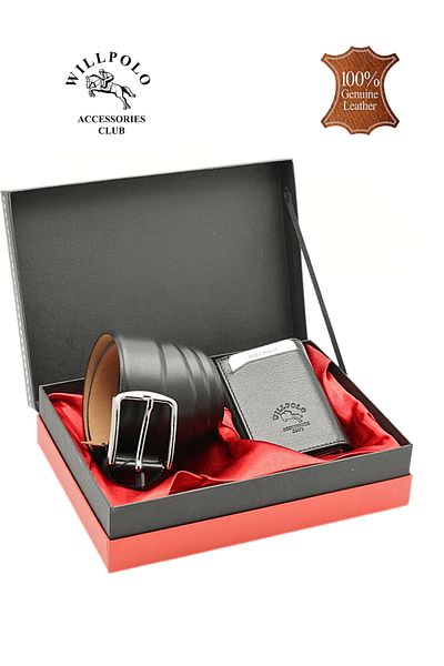 willpolo Men's Genuine Leather Wallet and Belt Set - Gift Groom Set