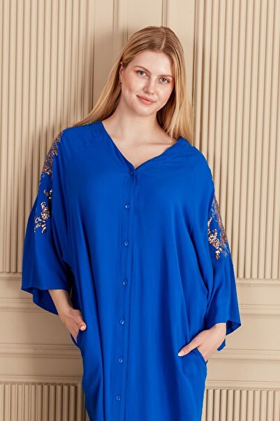 Eceyaman moda COPY - women's blue back and sleeves yellow sequin embroidery oversize dress