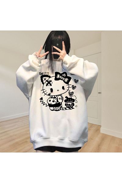 Köstebek Hello Kitty εμπριμέ λευκό ρετρό μακρυμάνικο φούτερ - Unisex