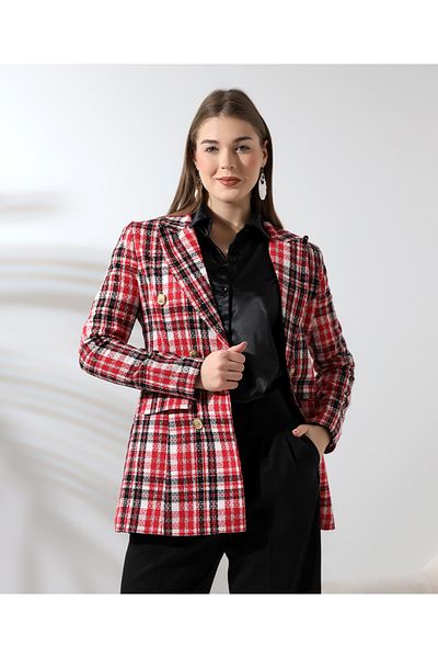 Female Clothing Red Patterned Lined Faux Pocket Tweed Blazer Jacket
