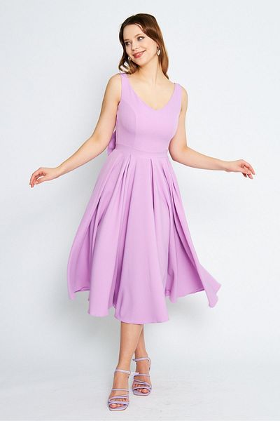 Bidoluelbise Women's Back Bow Ornamental Buttoned V-Neck Pleated Midi Flared Lilac Evening Dress