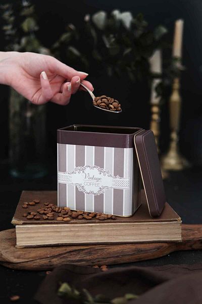 EVLE Er205-7A Elegance Coffee Patterned Square Metal Storage Container 8 X 12 cm