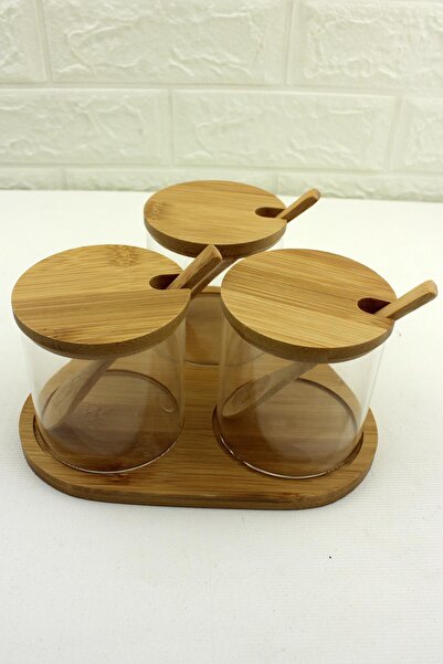 ALBETTO 3-Piece Glass Spice Holder with Bamboo Stand and Spoon Borosilicate G...