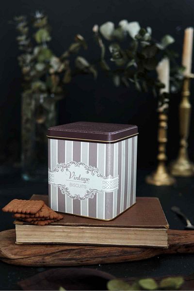 EVLE Er024-3j Elegance Biscuits Patterned Square Metal Storage Container 12x12 Cm