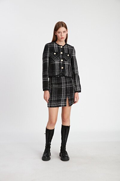 dükkan10butika طقم سترة قصيرة من قماش التويد للسيدات برقبة دائرية وتنورة صغير...