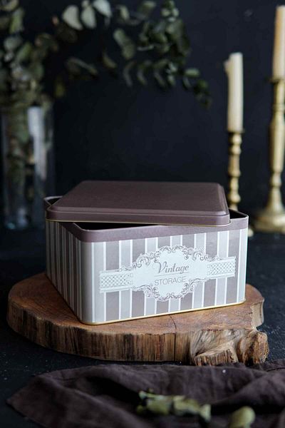 EVLE Er028-6b Elegance Coffee Patterned Square Metal Storage Container 20x20 Cm