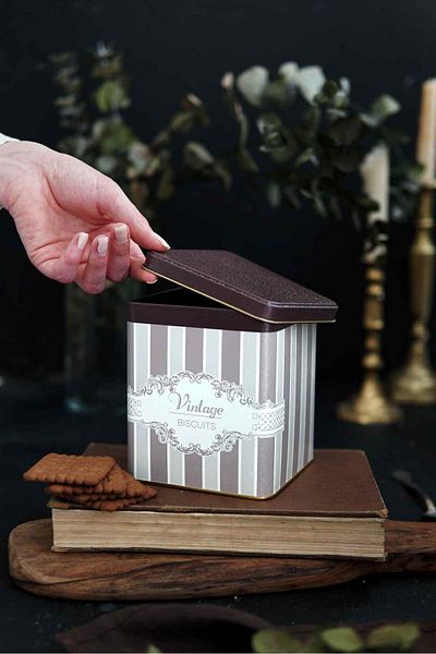 EVLE Er024-3j Elegance Biscuits Patterned Square Metal Storage Container 12x12 Cm
