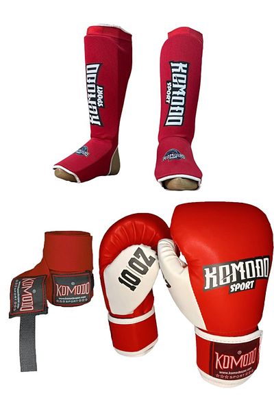 KOMODO SPORT 12 Oz Gloves Boxing - 3.5 Meter Bandage and Elastic Kick Boxing Set Kaval and Overfoot Protector