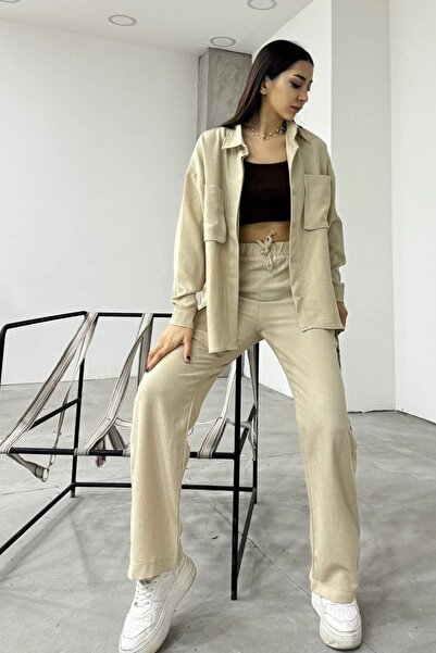 lovebox Női lenvászon szövet fújtatós zseb részletes ing és nadrág bézs nagyméretű dupla szett 12093