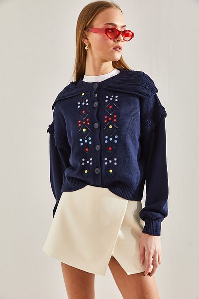 Bianco Lucci Strickcardigan mit besticktem Kragen und Detail für Damen