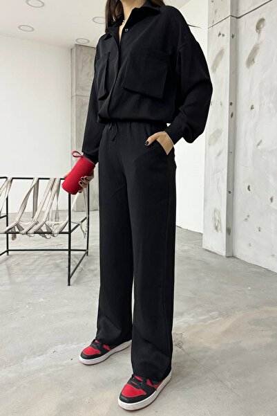 lovebox Női lenvászon szövet fújtatós zseb részletes ing és nadrág fekete túlméretes dupla szett 12093