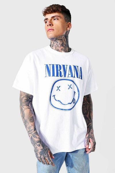FAVORİST Αθλητικό μπλουζάκι Nirvana με στάμπα, υπερμεγέθη λευκό Crew Neck