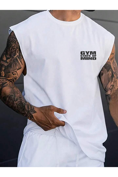 FAVORİST Sıfır Kol GYM Baskılı Pamuklu Spor Tshirt