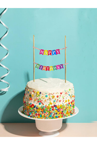 mypartyready Pastel Renk Happy Birthday Yazılı Pasta Bayrağı Pasta Süsleme Çu...