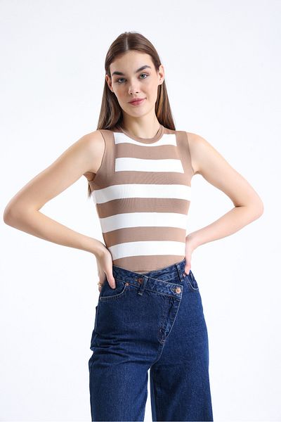 Jose Clothing Γυναικεία πλεκτή μπλούζα με ριγέ μηδενικό μανίκι