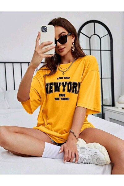 FAVORİST Come True New York Printed Oversize Sports Crew Neck Βαμβακερό μπλου...