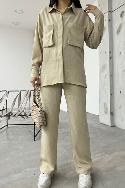 vuvutasarım Beigefarbenes Leinenstoff-Set mit Blasebalgtaschen-Design, Hemd und Hose, übergroßes Doppelset 12093