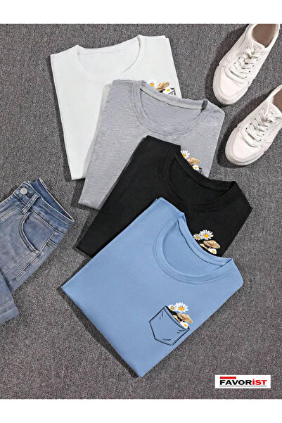 FAVORİST Μπλουζάκι 4 τεμαχίων με φλοράλ στάμπα Unisex Oversize