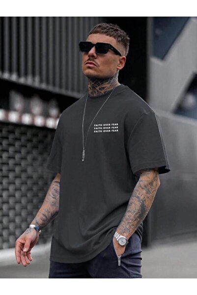 FAVORİST FAITH OVER FEAR Printed Oversize Cotton T-Shirt T-Shirt