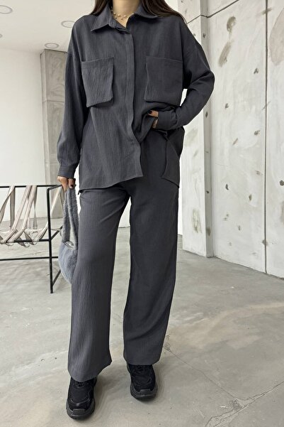 vuvutasarım Antresit Linen Fabric Belllow Pocket Design Košile a kalhoty Oversize Double Set 12093