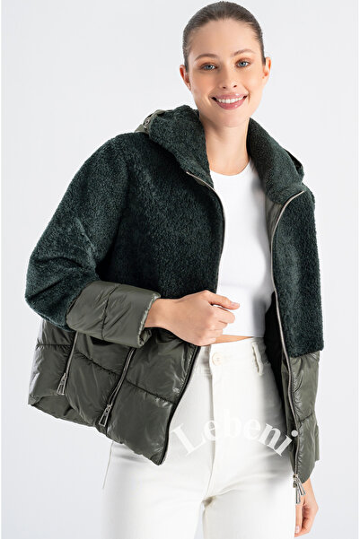 Lebeni Oversize Kürk Peluş Ceket Kapitone Kapüşonlu Peluş Mont Fermuar Yırtmaçlı Kürklü Peluş Kaban Kadın