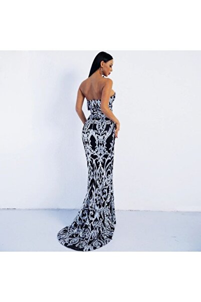 FASHION COCKTAIL Uzun Kuyruklu Payet Pul Işleme Straples Balık Model Esnek Abiye Nişan Davet Elbise