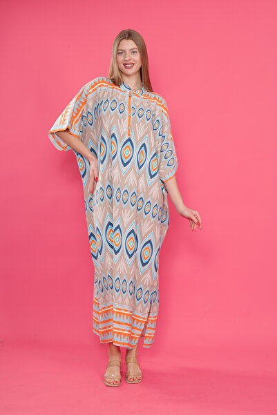 mervemoda Γυναικείο υφαντό φόρεμα με κυρίαρχο γιακά μπροστά με μοτίβο με μανίκια με σκίσιμο