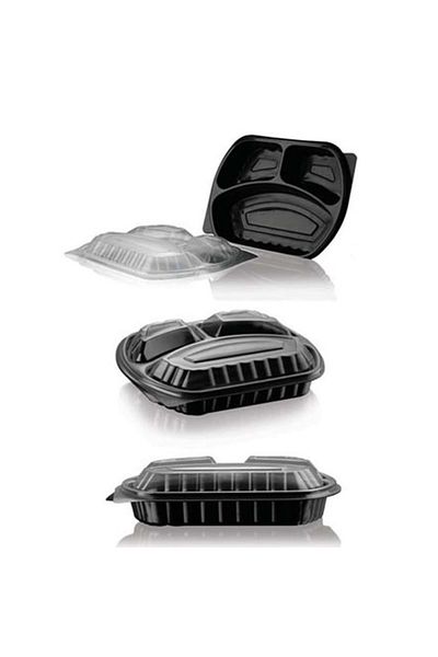 ELFUMER Hygienic 3 Compartments Black Plastic Dining Door Lid 10 Pieces (Suitable for Micro Wave)