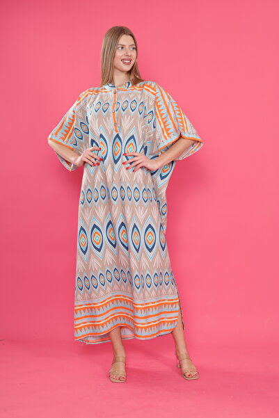 mervemoda Γυναικείο υφαντό φόρεμα με κυρίαρχο γιακά μπροστά με μοτίβο με μανίκια με σκίσιμο