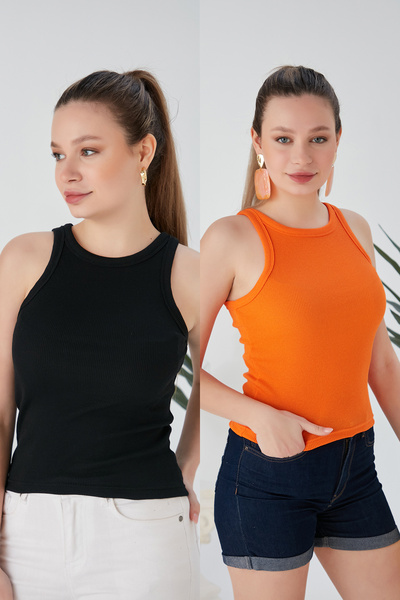 CATSPY Μαύρο Πορτοκαλί - Σετ με 2 ελαστικές μπλούζες με ραβδώσεις