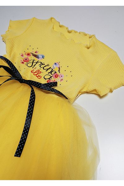 nc gift Bird Printed Girl's Lined Polka Dot Tulle Half Sleeve Dress