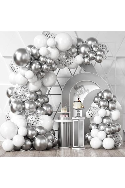 Janissary 30 Adet "METALİK GRİ - BEYAZ" Balon Kombini İç Mekan Doğum Günü Par...