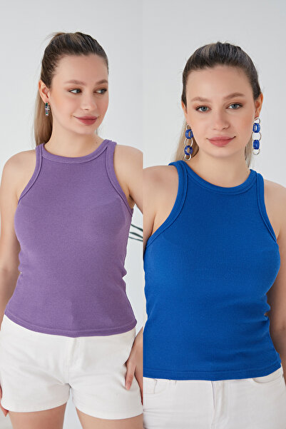 CATSPY Σετ 2 τεμαχίων λιλά Saks μπλε ελαστική πλεκτή μπλούζα με ραβδώσεις