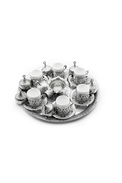 ANTEPSEPETİ SILVER PLATED 6 PERSON COPPER COFFEE CUP SET