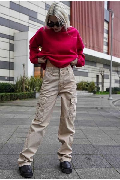 Livik Ψηλόμεσο Lycra Beige Χρώμα Πίσω Παντελόνι Cargo χωρίς τσέπη