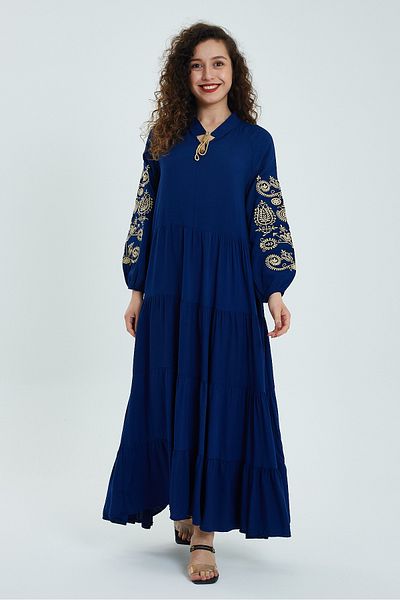 Denismoda Women's Prevailing Collar Lace-up Sleeve Embroidery Detailed Viscose Dress