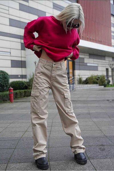 Livik Ψηλόμεσο Lycra Beige Χρώμα Πίσω Παντελόνι Cargo χωρίς τσέπη