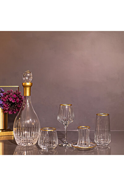 sudeka 61 Parça 12 Kişilik Çubuk Gold El Dekor Kesme Cam Su Takımı