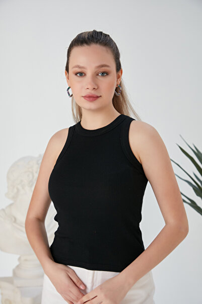 CATSPY Beyaz Siyah Zargo Model 2'li Set Fitted Geniş Biyeli Halter Yaka Fitilli Esnek Örme Crop Bluz