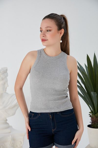 CATSPY Gray Blue Zargo Model Set of 2 Fitted Wide Piping Halter Neck Ribbed Flexible Knitted Crop Blouse