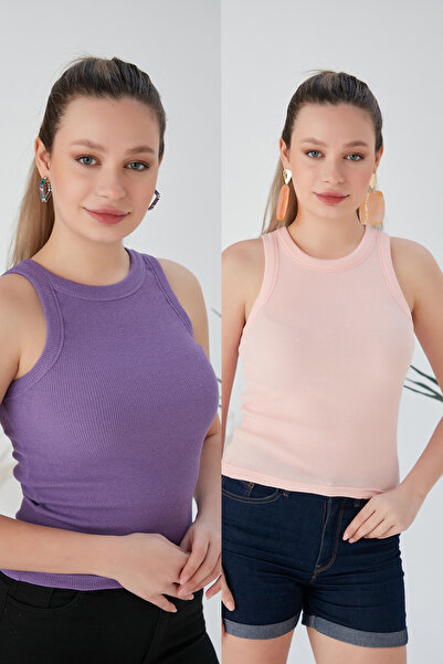 CATSPY Lila Pudra Zargo Model 2'li Set Fitted Geniş Biyeli Halter Yaka Fitill...