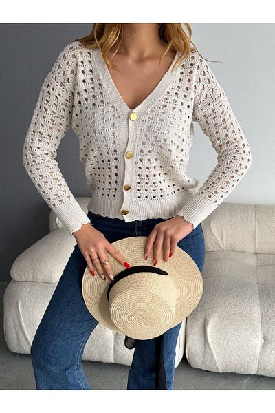 Serica Moda Gold Buttoned Cotton Mesh Cardigan