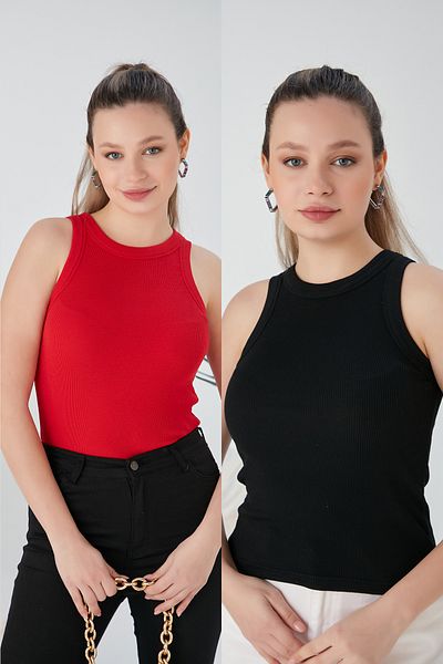 CATSPY Red Black Zargo Model Set of 2 Fitted Wide Piping Halter Neck Ribbed Flexible Knitted Crop Blouse