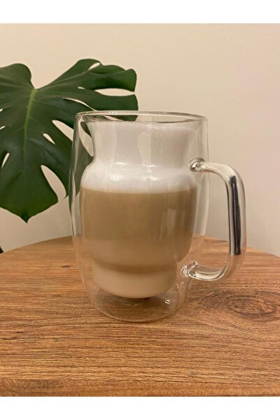 Gruva Çift Cidarlı Camlı Borosilikat Cam Kulplu Büyük Boy Özel Tasarım Kupa B...