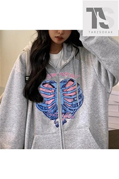 Tarzsokak Sweatshirt sa skeletnim srcem, kardigan sa rajsferšlusom, sivi