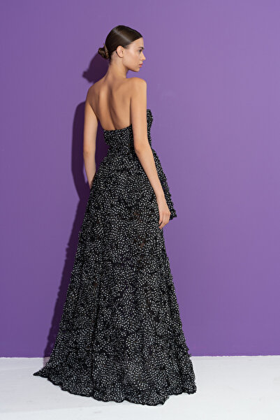 Kikiriki Siyah-Kirli Beyaz Önü Kısa Arkası Uzun Güllü Şifon Elbise