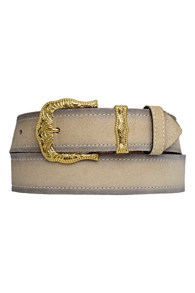 GoDeri %100 Hakiki Deri, Gold Takım Tokalı 4 Cm Süet Krem Kadın Kemeri; Kot, Spor Kemer=an-byn-77