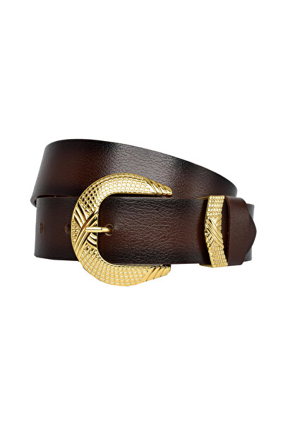 GoDeri %100 Hakiki Deri, Gold Takım Tokalı 4 Cm Koyu Kahverengi Kadın Kemeri; Kot, Spor Kemer=gold.takım63