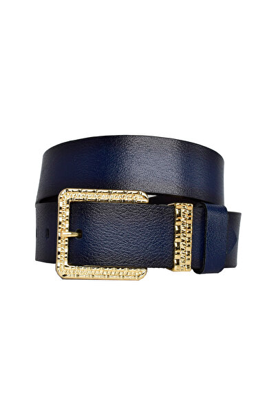 GoDeri 100% натуральна шкіра, золота пряжка 4 см, темно-синій жіночий ремінь; джинси, спортивний ремінь=an-byn-62.gold.takım