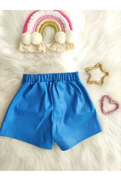 eladamoda Kız Çocuk Saks Mavisi Deri Şort Etek